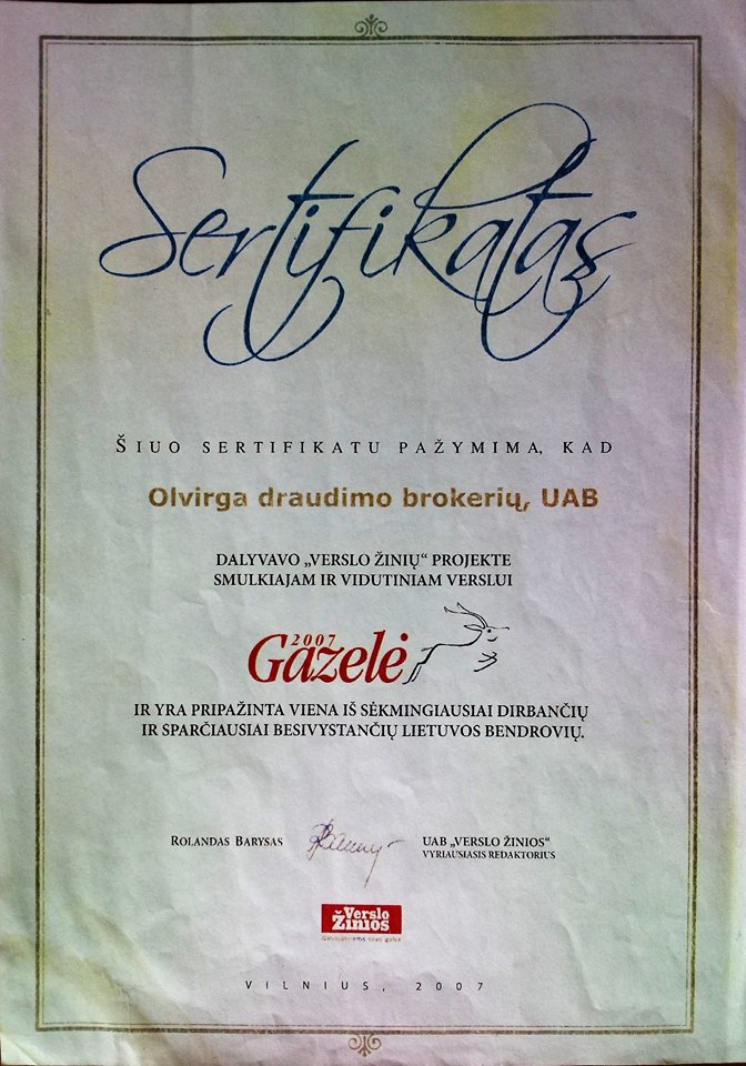 sekmingos veiklos sertifikatas gazele